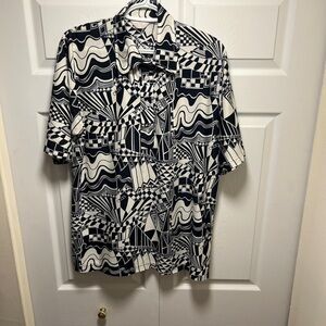 Vintage Black and White Casual Button Down Shirt with Abstract Design